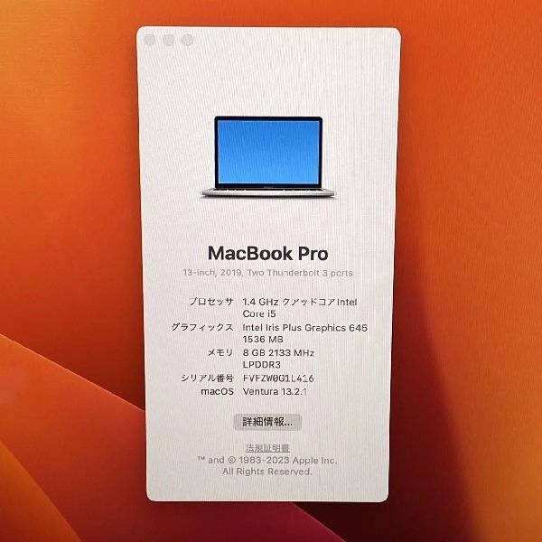 MacBook Pro 13インチ 2019 Thunderbolt 3ポートx 2  8GB 256GB A2159 極美品 シルバー