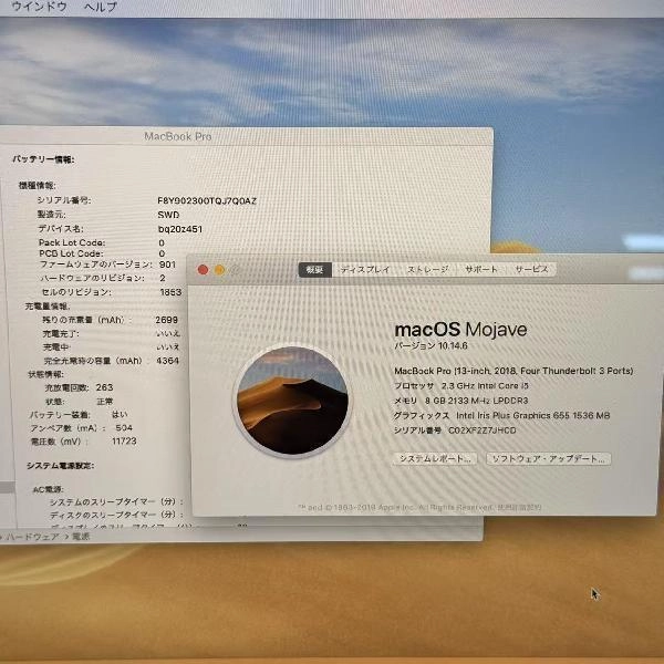 MacBook Pro 13インチ 2018 Core i5 2.3 GHz 8GB 256GB FR9U2J/A A1989 美品 シルバー