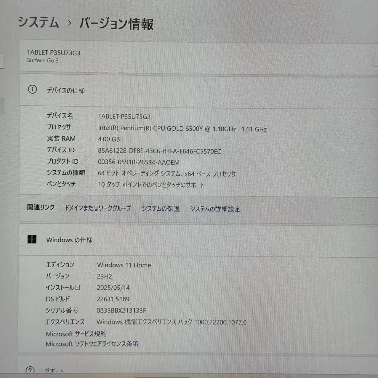 Microsoft Surface Go 3  Wi-Fiモデル CPU GOLD 6500Y 4GB/64GB プラチナ 8V6-00015