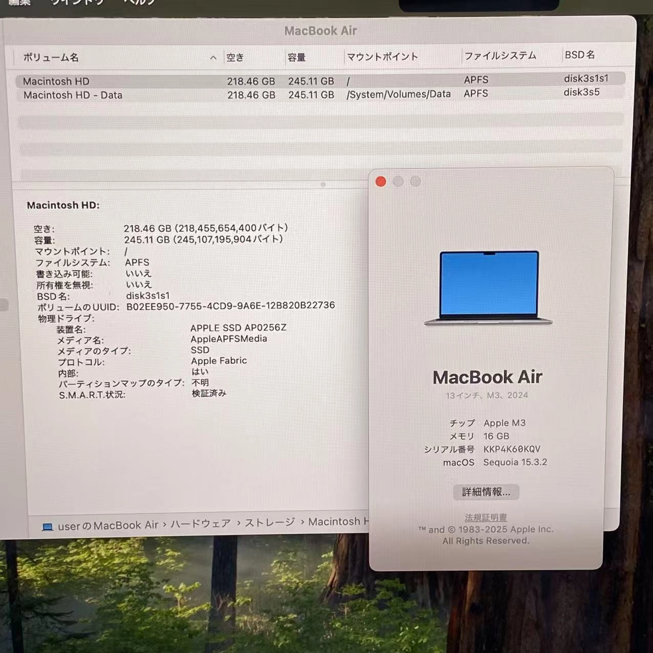 MacBook Air 13インチ M3 2024 16GB 256GB 8CPU 8GPUスペースグレイ MC8G4J/A 極美品 16GB/256GB