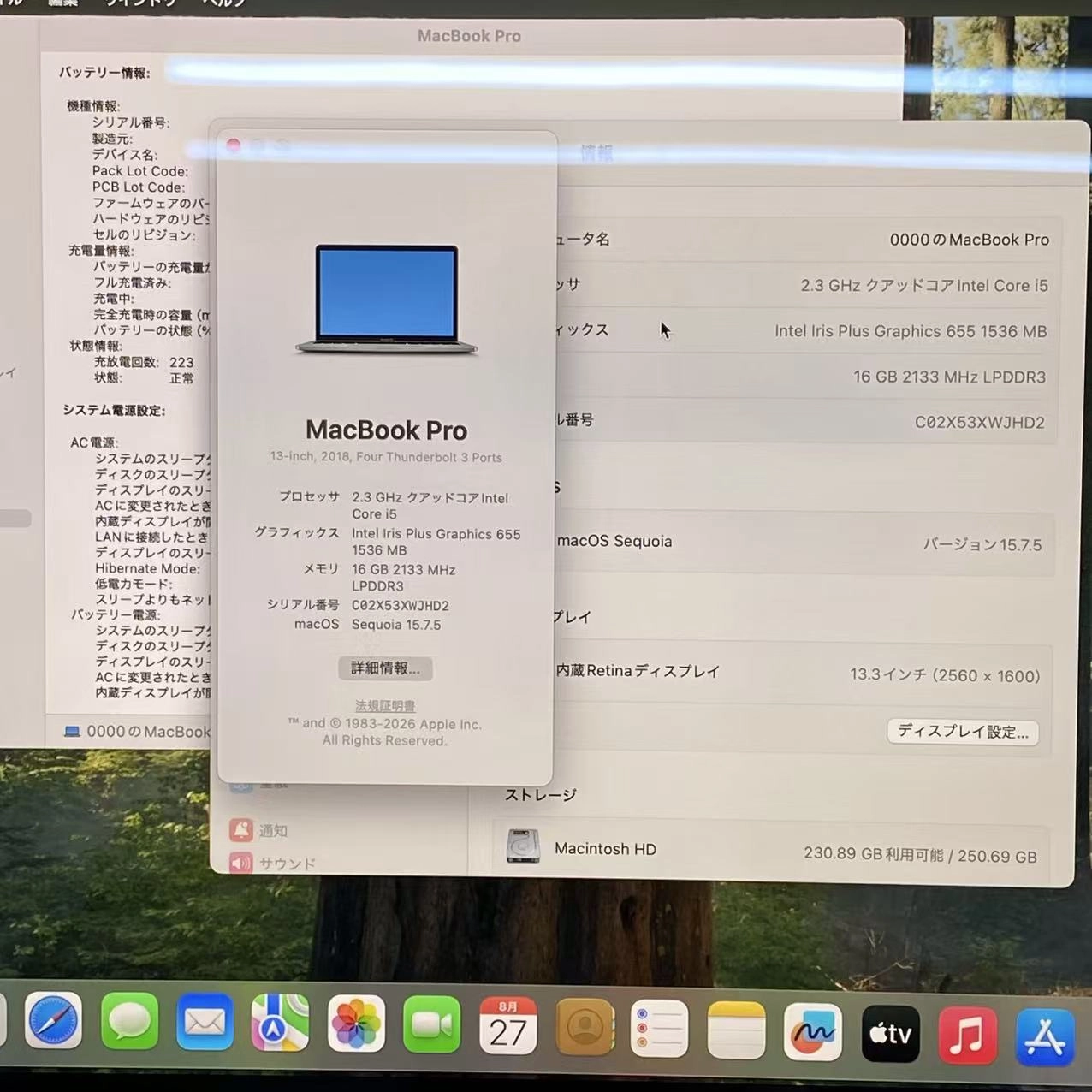 MacBook Pro 13インチ 2018 Thunderbolt 3ポートx 4 16GB/256GB スペースグレイ A1989